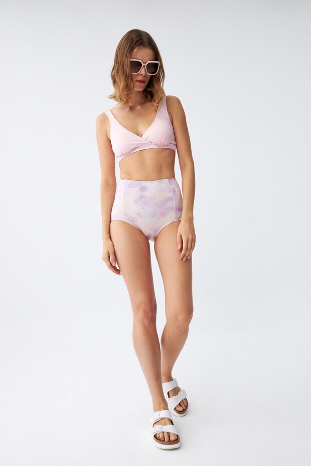Women's Pink Padded Top and Pastel Patterned High Waist Bikini Set