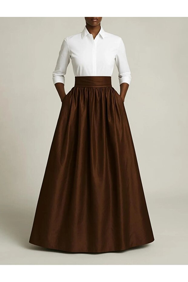 Color-Block Detaylı & Kuşaklı Maxi Boy Şık Tafta Gömlek Elbise - 1