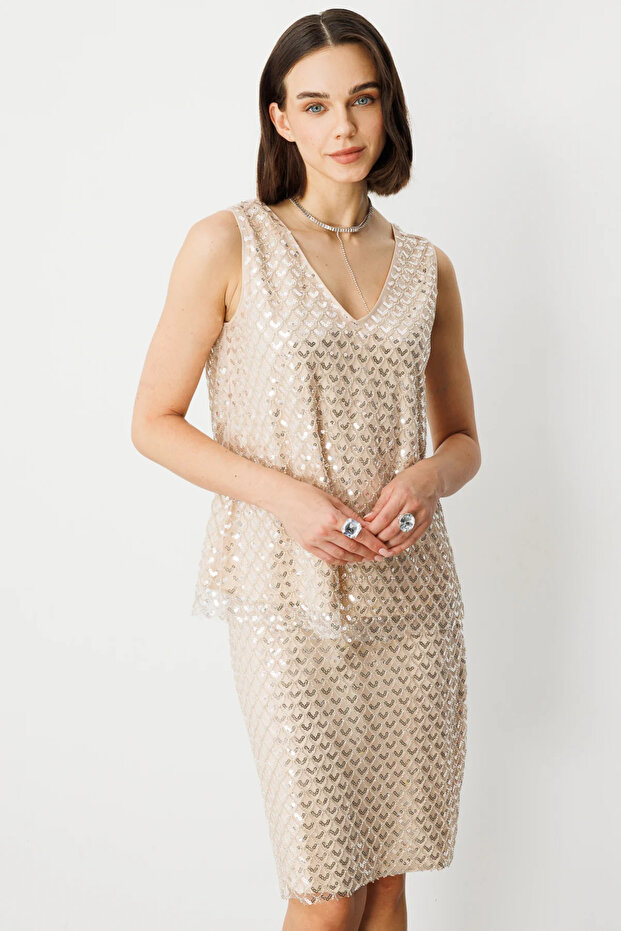 Ön Arka V Yaka Pullu Bluz Ekru-3328 - 1