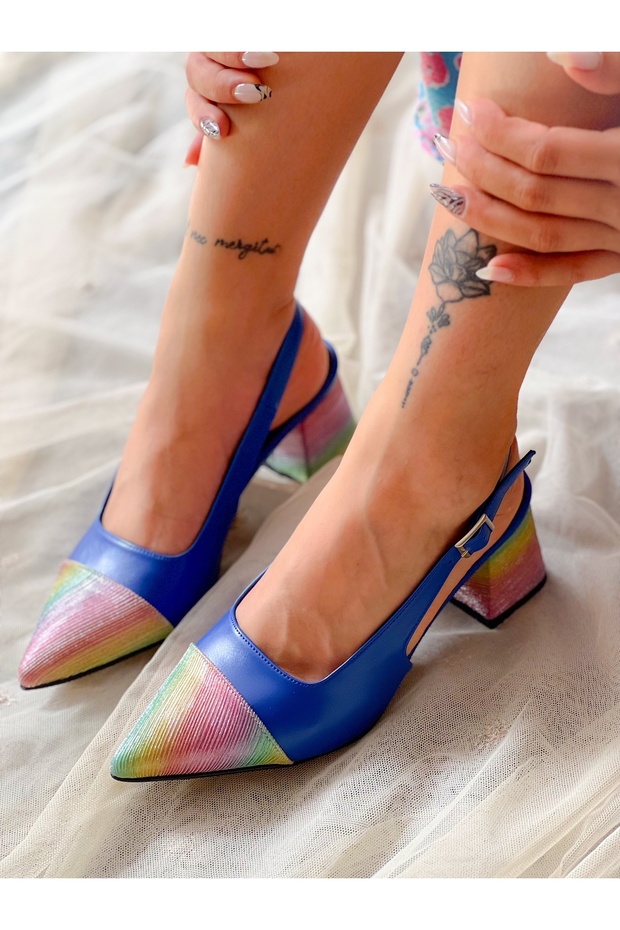 Cinderella Cobalt Blue Leather Color Glitter Detail 5 cm Heel Sandals