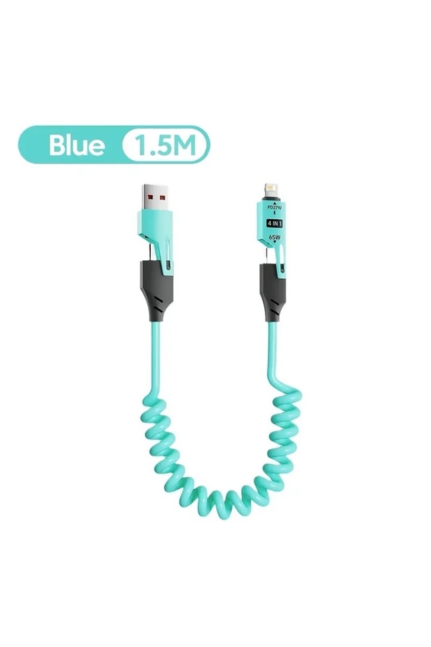 كابل بيانات USB متعدد 4 في 1 PD 65 واط بطول 1.5 متر أزرق، سلسلة مفاتيح USB C PD، سلك شحن سريع لأجهزة iPhone 15 14 متر