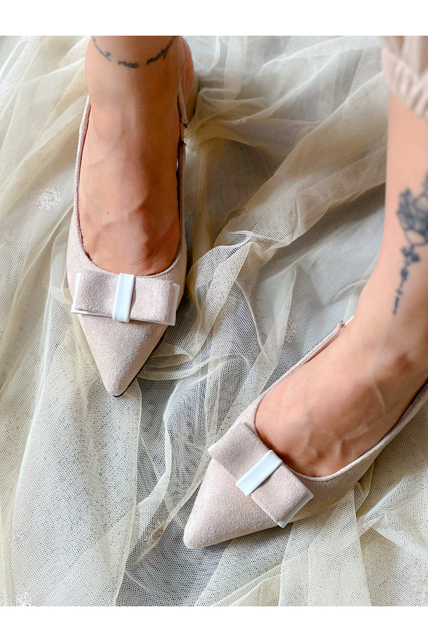 Pari̇ Beige Cow Suede Bow 5 cm Heel Sandals Shoes