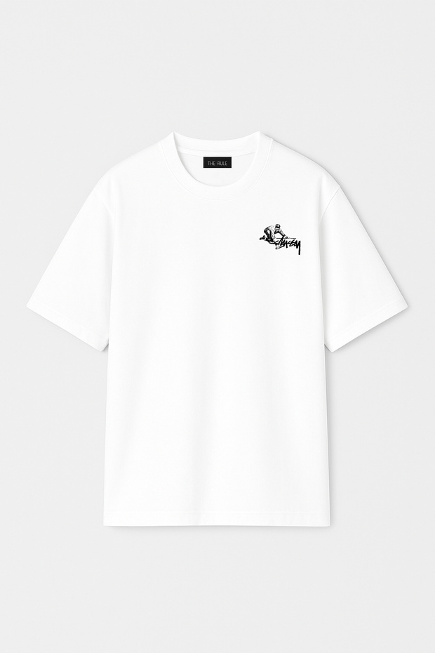 Unisex Stüssy Working Man Printed Oversize 100% Cotton Wide Cut Crew Neck White T-Shirt Rf0529