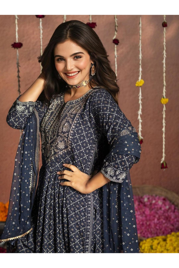 Floral Print Viscose Kurta and Trousers and Dupatta Set