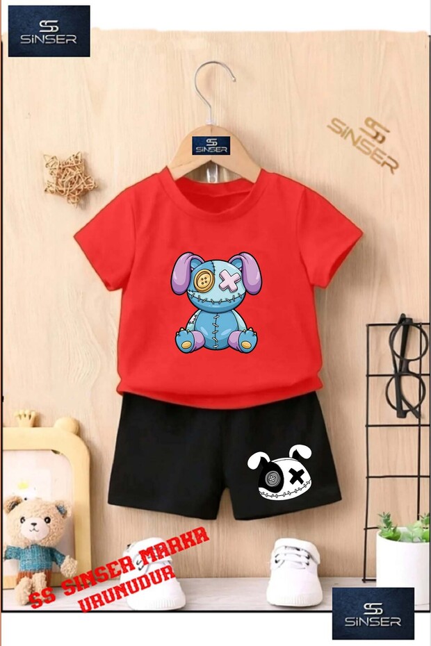 Children's Unisex “Blue Purple with Teddy Bear Patch“ Special Printed Crew Neck T-Shirt - Shorts Set