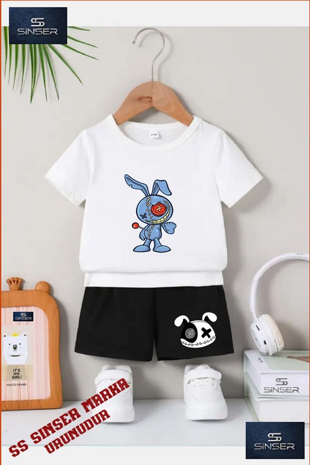 Children's Unisex “Blue Single Pin with Teddy Bear Patch“ Custom Printed Crew Neck T-Shirt - Shorts Set