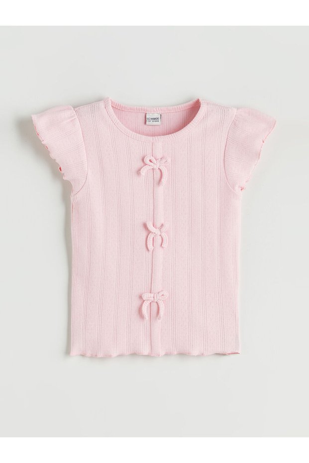 Crew Neck Bow Detailed Girl's Crop T-Shirt