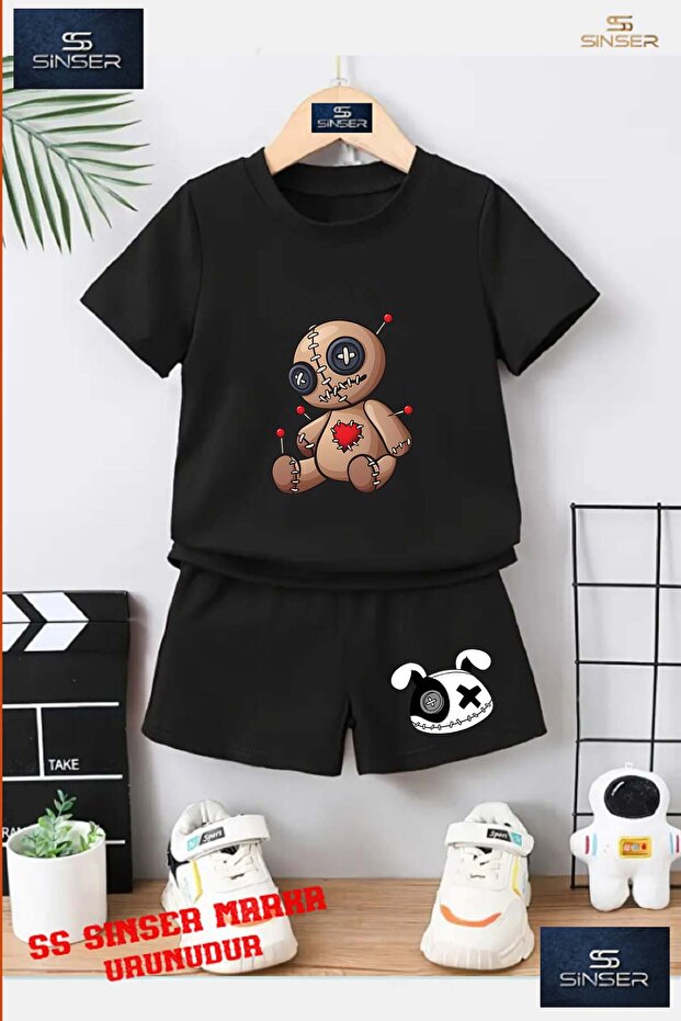Children's Unisex “Bear Patched Brown Igneli“ Special Printed Crew Neck T-Shirt - Shorts Set