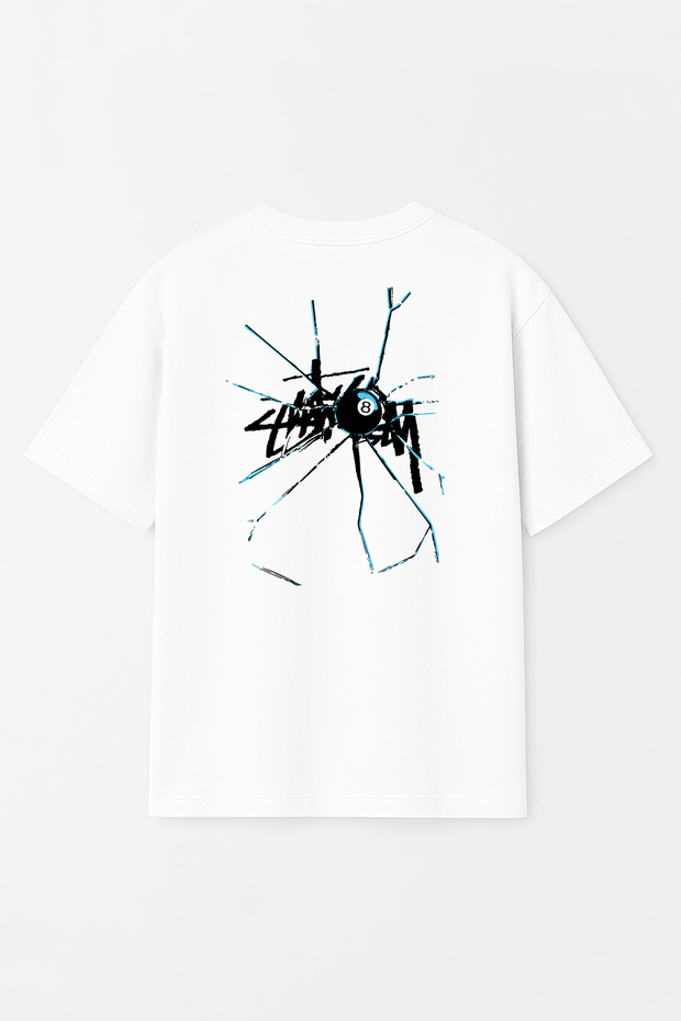 Unisex Stüssy Broken Glass Printed Oversize 100% Cotton Wide Cut Crew Neck White T-Shirt Rf0528