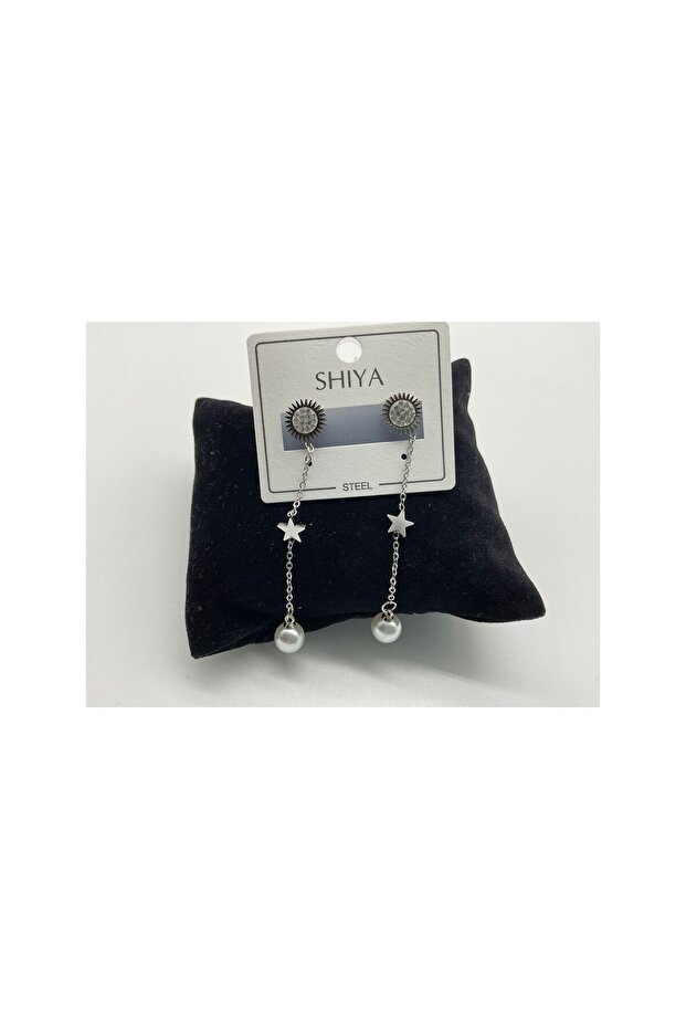 Stone Sun Figure Star and Pearl Chain ​​Swing Earrings