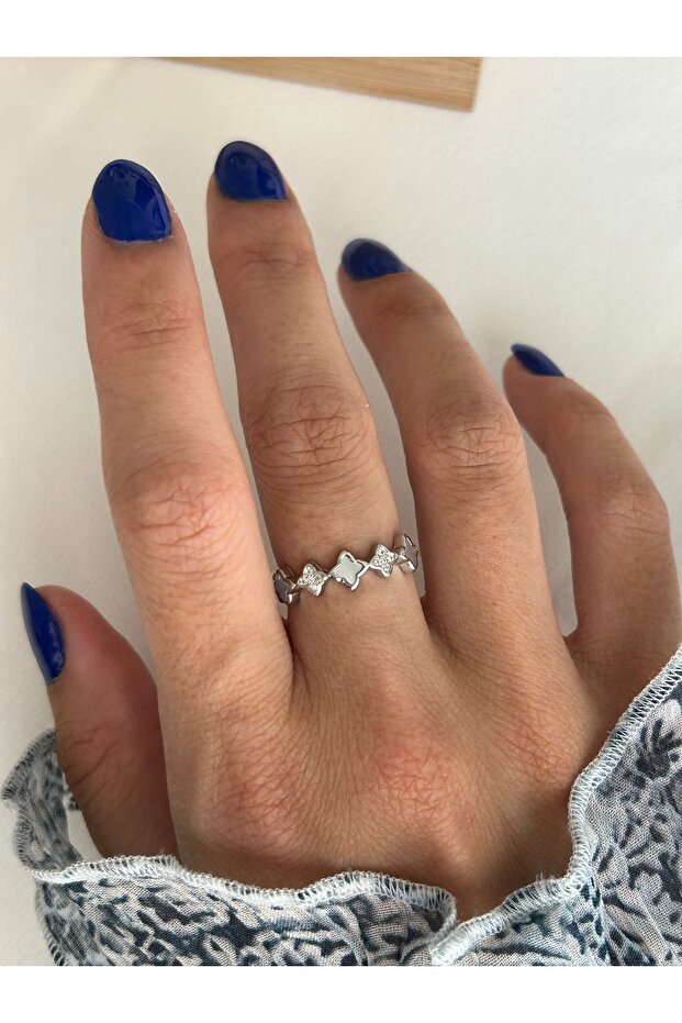 Silver Colored Stone Clover Ring - 1