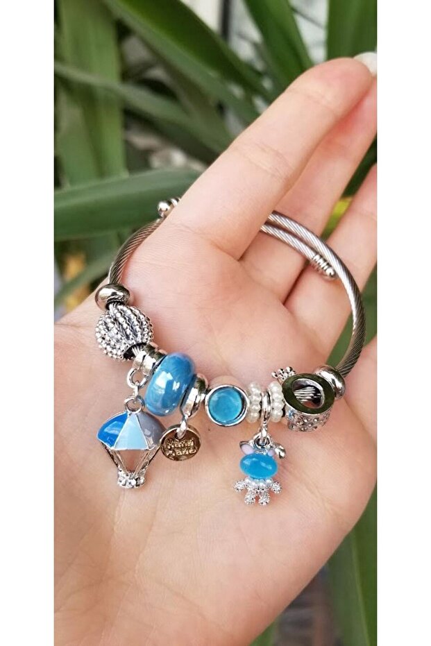 Adjustable Steel Bracelet with Rabbit and Umbrella Balloon Themed Charm