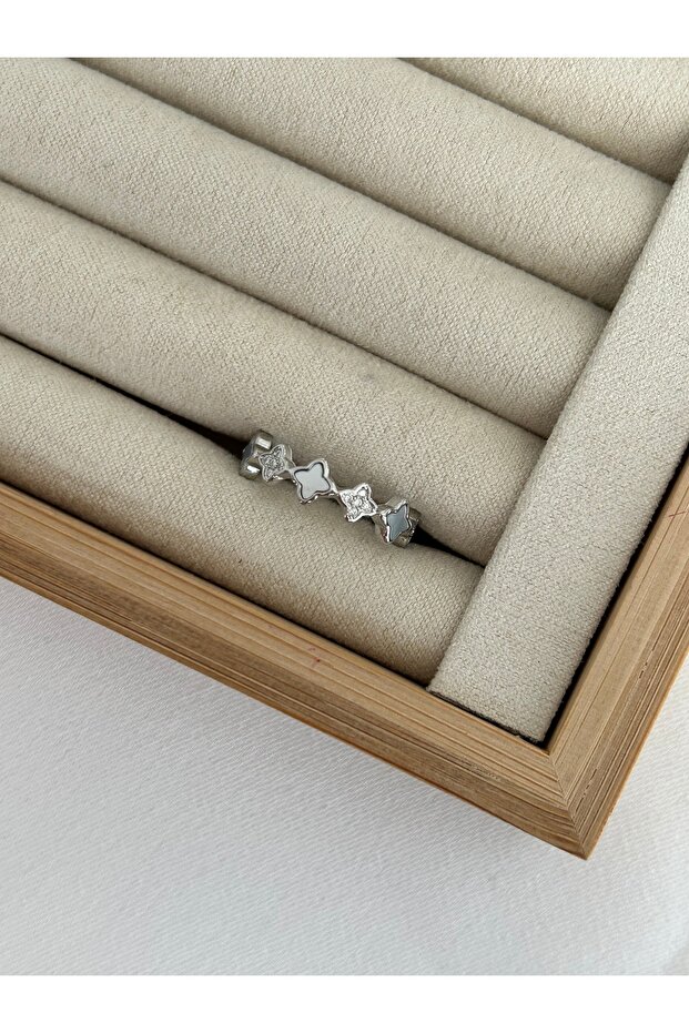 Silver Colored Stone Clover Ring - 2