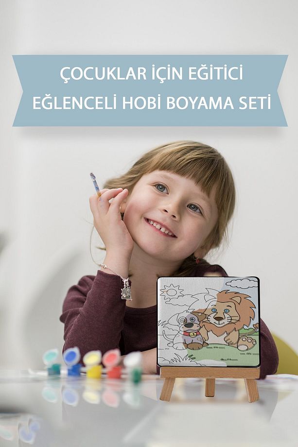 Sevimli Aslan Ve Köpek, Çocuk Eğitici Tuval Boyama Hobi Seti-9171 - 7