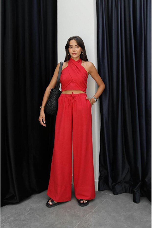 Red Sims Halter Neck Linen Suit