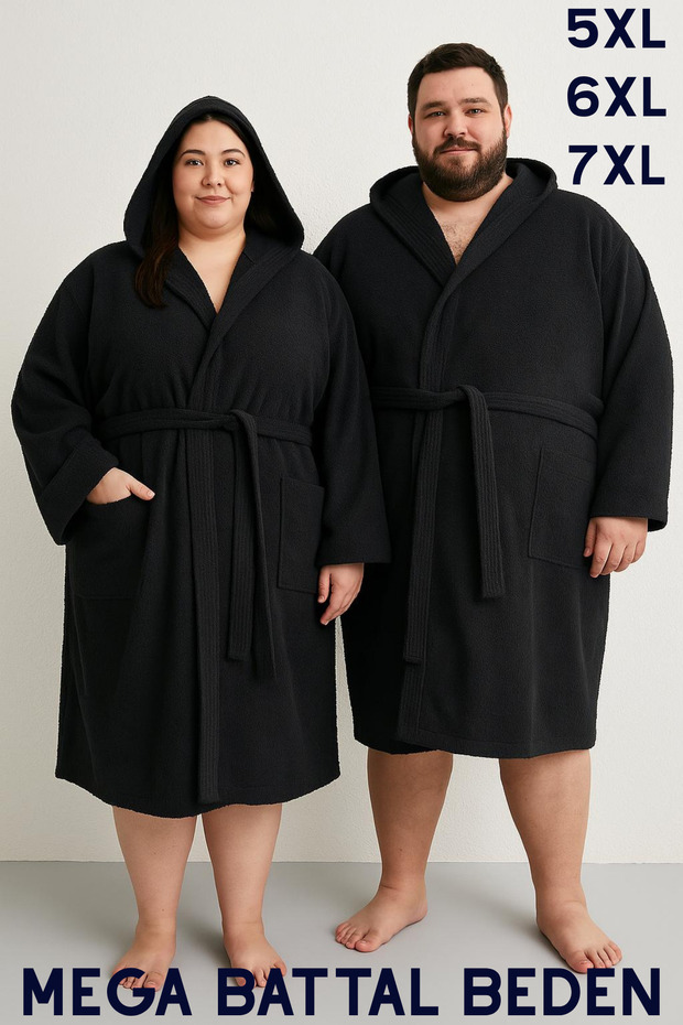 Black Colored Mega Battal Size Unisex 100% Cotton Hooded Luxury Bathrobe (5Xl-6Xl-7Xl Size)