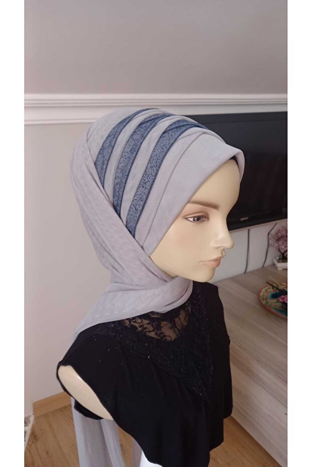 Light Gray Navy Blue Glitter Draped Scarf Type Shawl Model Ready Veil Ready Shawl Ready Turban