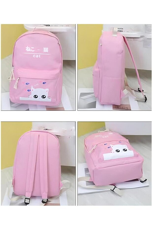 4-Piece Printed School Backpack Set Pink/White - 4