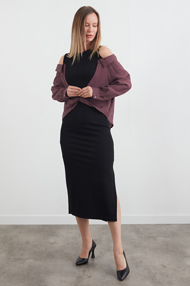 Basic Gömlek Detaylı Yırtmaçlı Elbise - 3