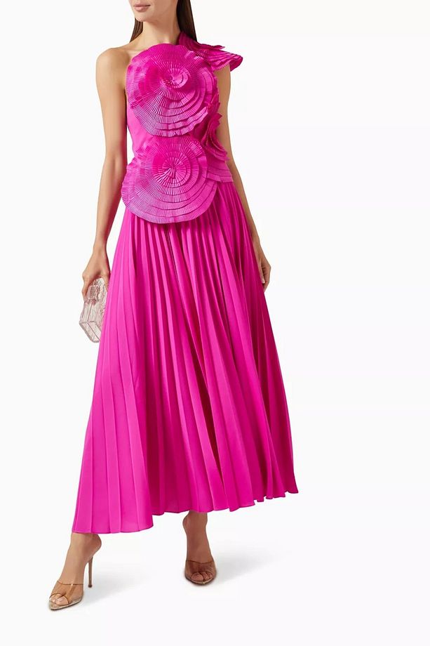 Trusley Rosette Pleated Gown, Pembe Tek Omuz Abiye - 2