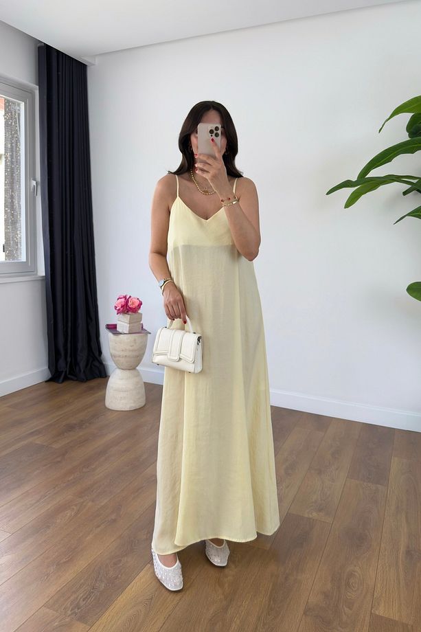 Ossy Sarı Askı Ayarlanabilir Maxi Boy Elbise - 1