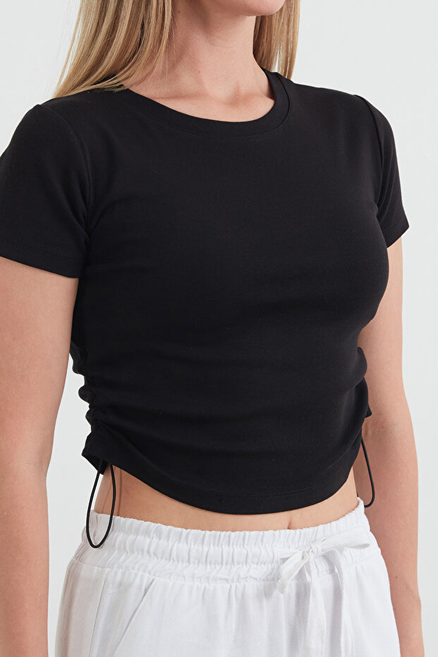 Basic Yanları Stoperli Crop Tişört - 5