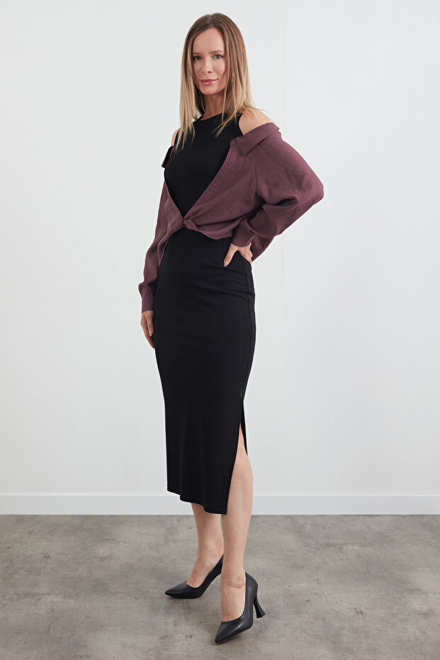 Basic Gömlek Detaylı Yırtmaçlı Elbise - 1