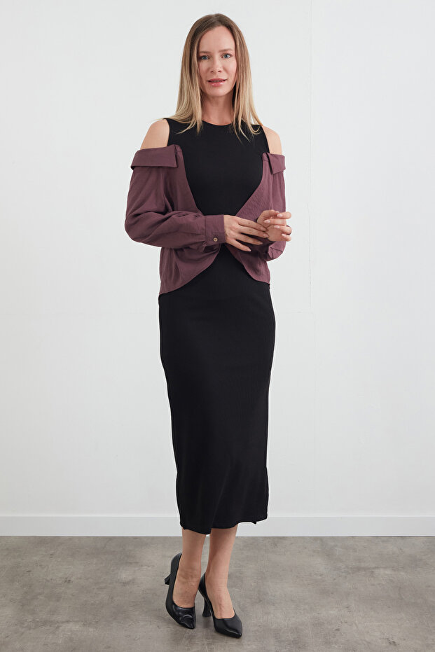 Basic Gömlek Detaylı Yırtmaçlı Elbise - 2