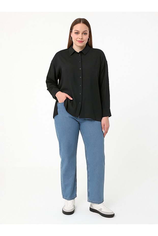 Μακρυμάνικο Basic πουκάμισο Plus Size - Μαύρο - - 1