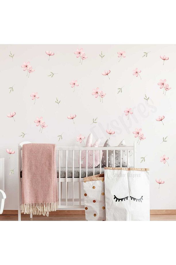 Pembe Bahar Çiçekleri Ve Yapraklar Çiçek Çocuk Odası Duvar Sticker Seti - 2