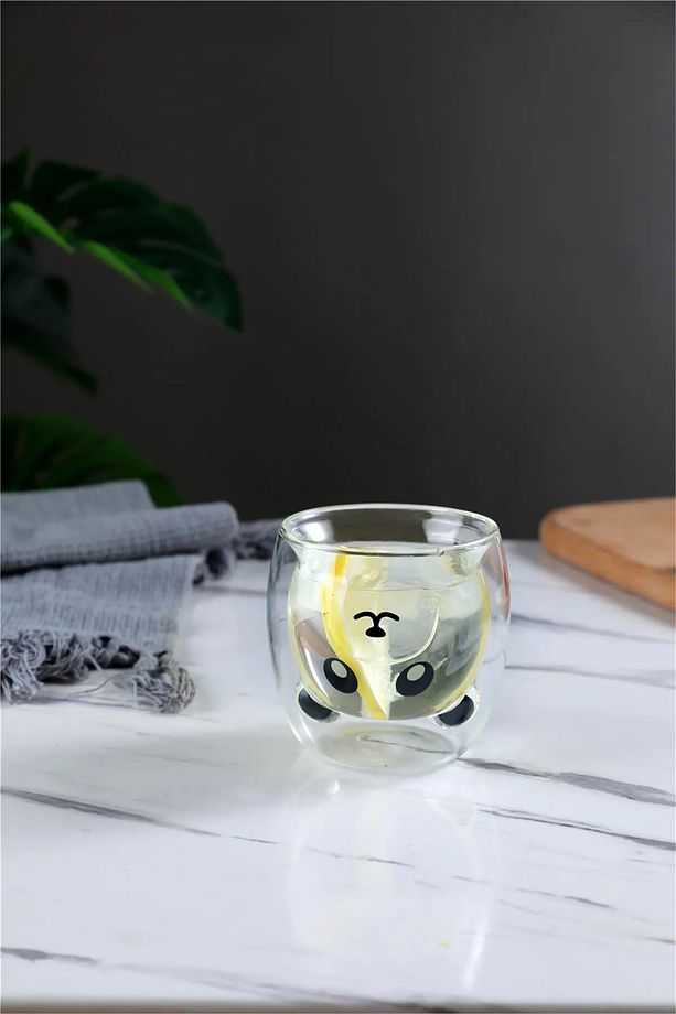 Çift Camlı Cidarlı Ayıcık Panda Karakterli Eğlenceli Tasarım Borosilikat Cam Kupa Bardak - 4