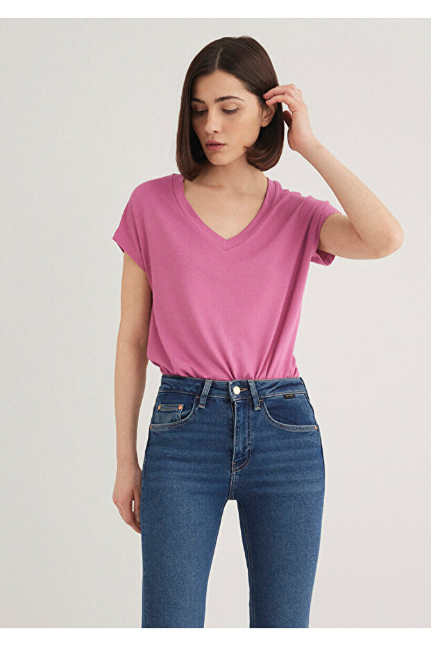 V Yaka Pembe Basic Viskoz Tişört - 2