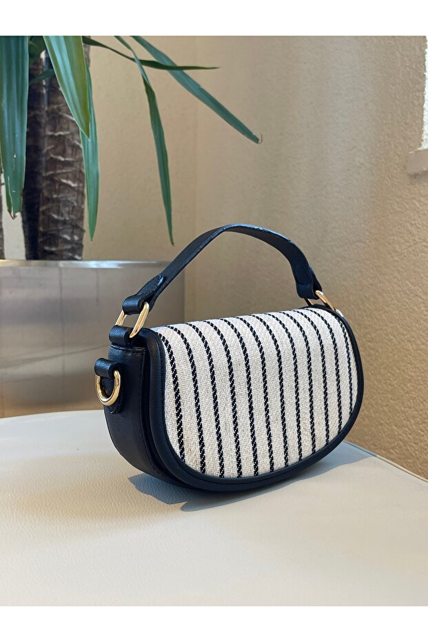 Navy Blue Women's Striped Half Moon Model Hand and Shoulder Bag