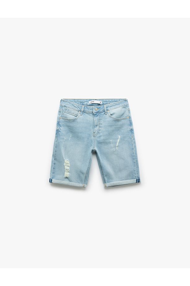 Slim Fit Pamuklu Katlamalı Paça Denim Şort - 4
