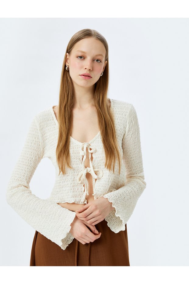 V-Neck Tie Detail Long Sleeve Blouse Wrinkle