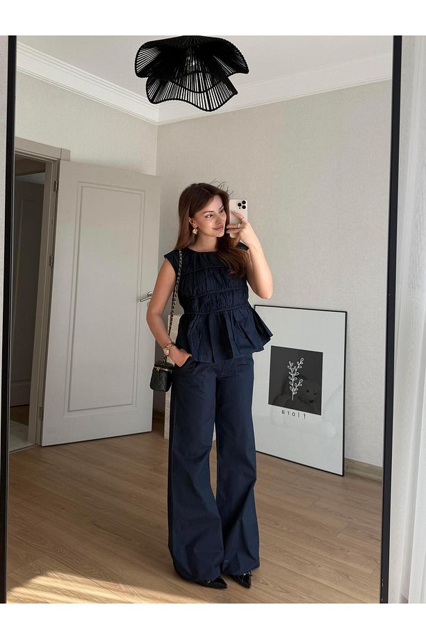 LACİVERT LAYER PANTALON BLUZ TAKIM - 1