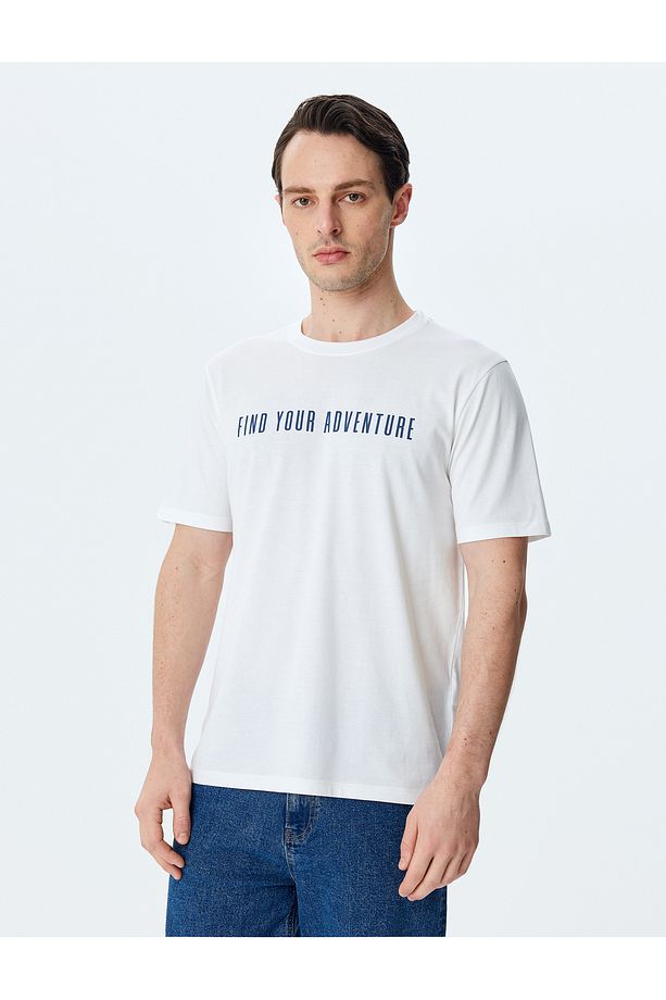Bisiklet Yaka Regular Fit Pamuklu Kısa Kollu Slogan Baskılı Tişört - 3