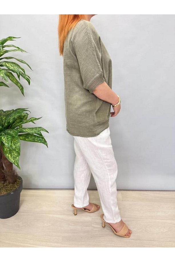 Kadın Büyük Beden Yuvarlak Yakalı Aplike Pullu Ayçiçeği Desenli 3/4 Kollu Oversize Bluz %100 Pamuk - 3
