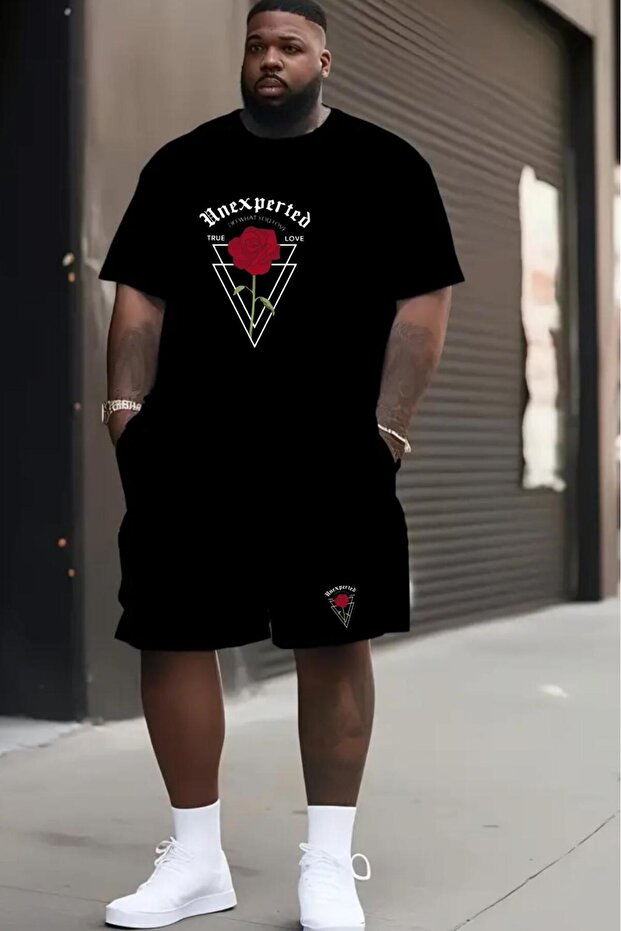 Men's Black T-Shirt Black Shorts Unexperted Plus Size Battal Size Team