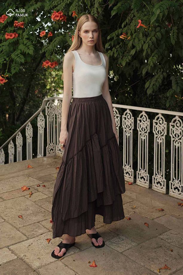 Boho Çapraz Katlı Vual Kahve Etek - 1