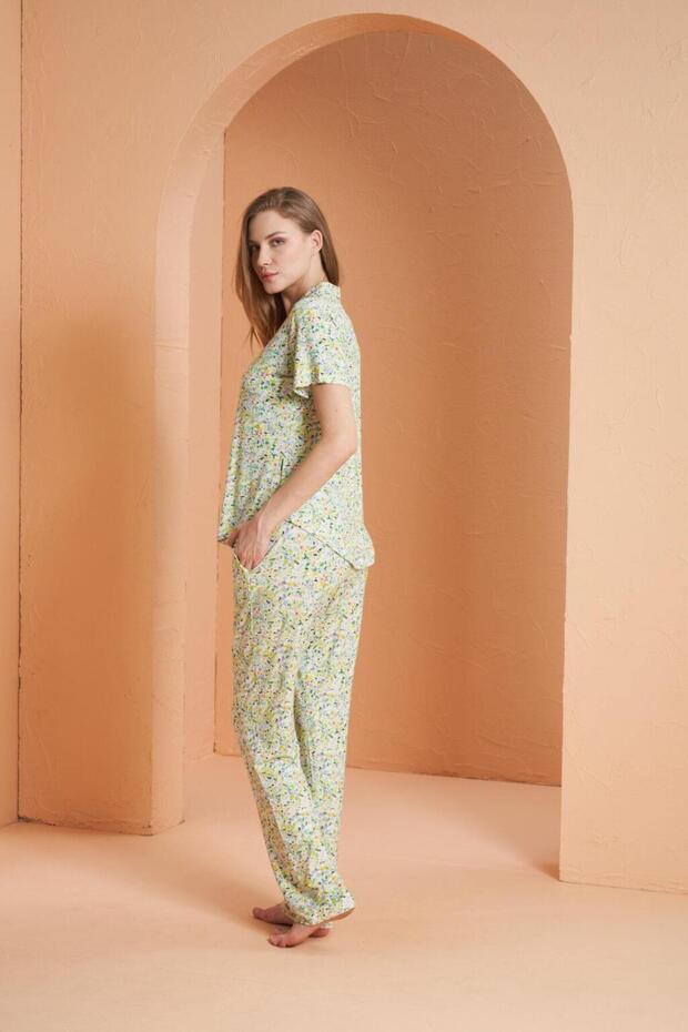 Kadın Sarı Düğmeli Pijama Takımı 27055 - 3