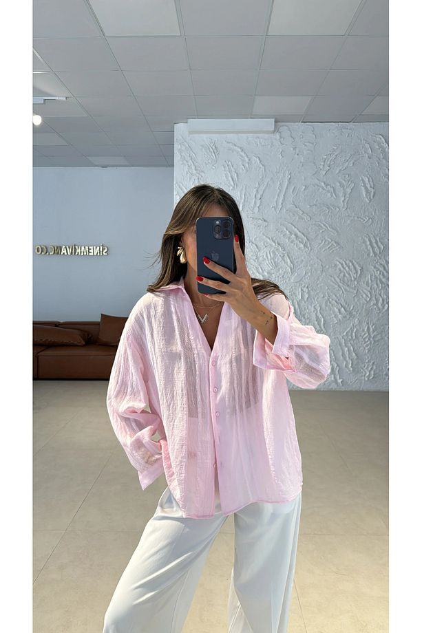 Pembe Dokulu Transparan Gömlek - 4914 - 1