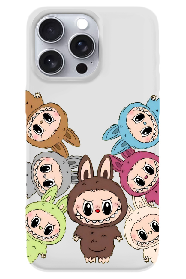 iPhone 15 Pro White Velvet Labubu Patterned Silicone Phone Case Lbb