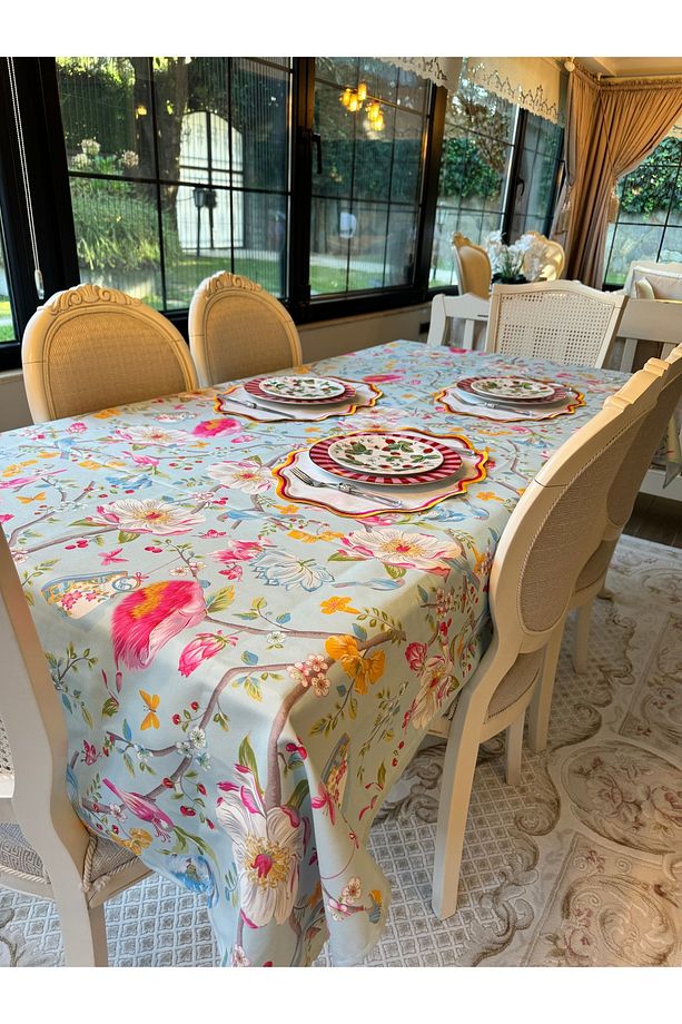 ÇİÇEKLİ DESEN MAVİ MASA ÖRTÜSÜ - 4