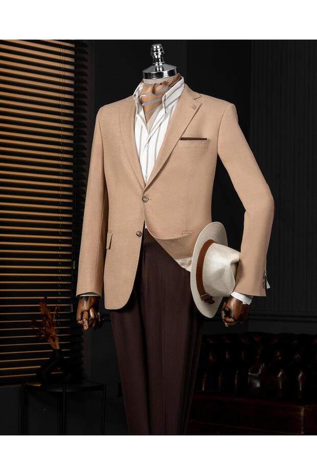 Italian Style Slim Fit Mono Collar Men's Single Jacket Beige T14304