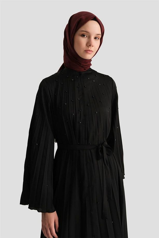Taş İşlemeli Piliseli Abaya 25Y8302 Siyah - 1