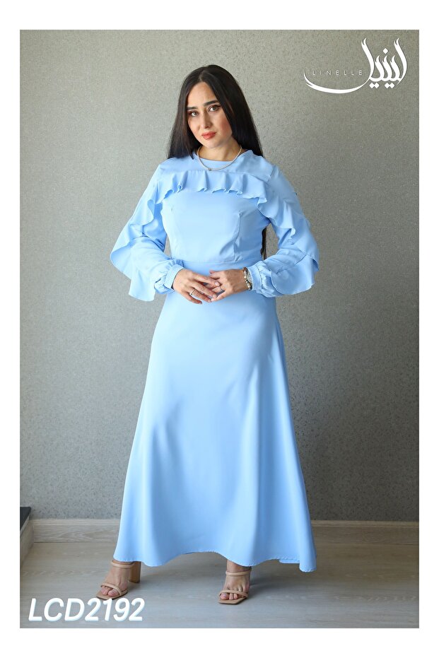 Casual Dress – Solid Color A-Line Maxi Dress with Ruffle Sleeves and Ruffle Neckline.