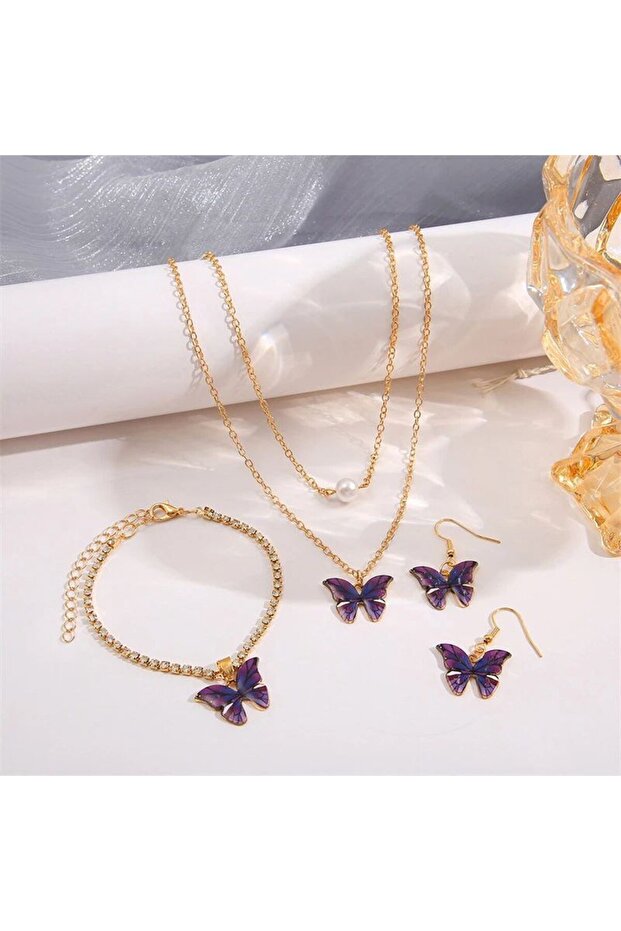Shiny Stone Butterfly Set: Elegant Bracelet, Necklace and Earrings