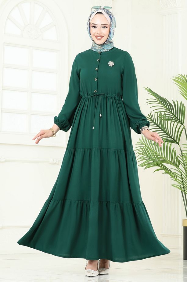 Beli Tünelli Viskon Elbise 1126BG354 Açık Zümrüt - 4