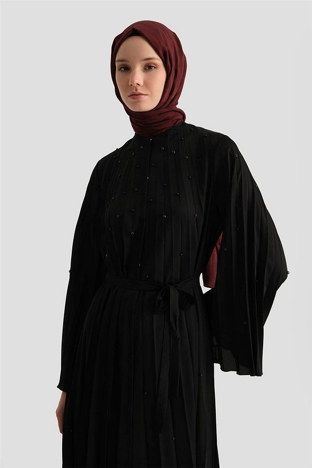 Taş İşlemeli Piliseli Abaya 25Y8302 Siyah - 3